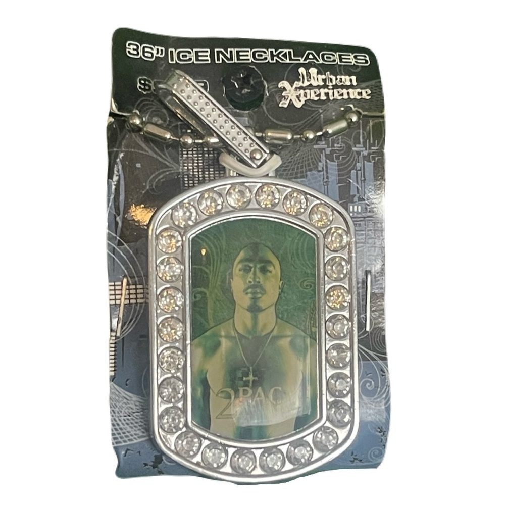 2pac Iced Out Rhinestone Dog Tag 36" Chain Necklace 2007 New